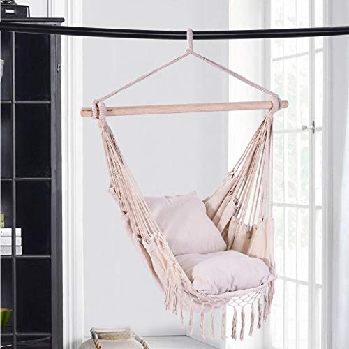 Dasuy Hammock Swing Chair Hanging Rope Chair Outdoor Indoor Hammock Net Chair for Kids Baby Adult, Camping Chair with Two Cushions (White, 39.4x51.2 Inch) - Thumbnail 5