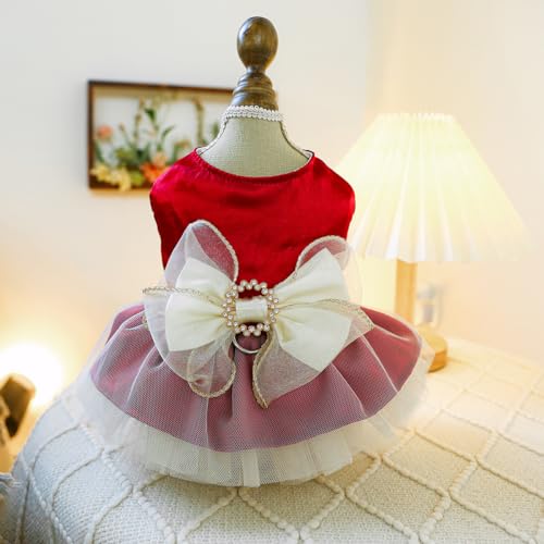 Image of HDKUW Small Dog Dress, Girl Puppy Lace Princess Skirt Tutu Dress with Bowknot,Chihuahua Yorkie Clothes Outfit for Birthday Wedding Party Red XL