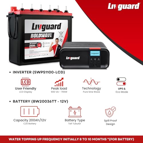 Image of Livguard Sineverter Pro with LCD Display 900VA /12V Pure Sinewave Inverter with Livguard 200Ah Tall Tubular Value Plus Bold Series Inverter Battery |Reliable Power Backup for Home, Office, and Shops