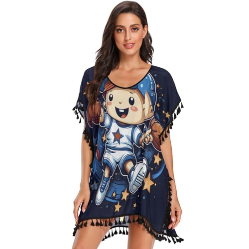 Cartoon Star Unicorn Basketball Women's Beach Cover Up Chiffon Tassel Swimwear Swimsuit Coverups for Girl