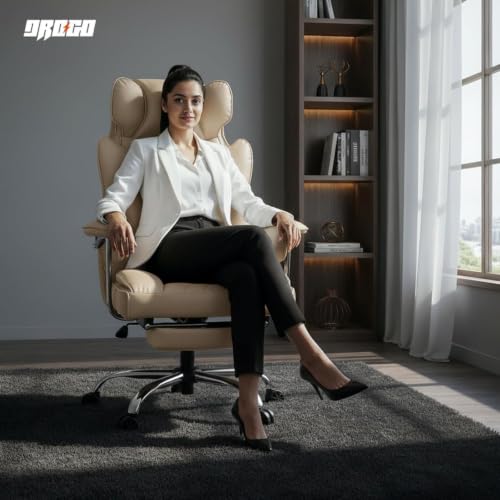 Image of DROGO Premium Leatherette Ergonomic Office Chair for Work from Home, Desk Computer Chair with Spacious Cushion Seat, Soft Armrest, Head & Lumbar Support (Cream)