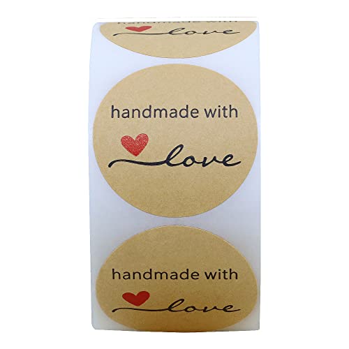 Hybsk Kraft Handmade With Love Stickers 1.5" Inch Round Total 500 Adhesive Labels Per Roll (Kraft) #TOP3
