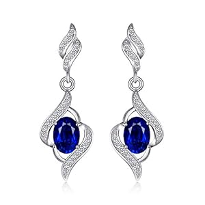 JewelryPalace Oval Shape 2.2ct Created Sapphire Dangle Earrings for Women, 925 Sterling Silver 14k Gold Plated Earrings for Her, Wave Simulated Diamond Gemstone for Girls