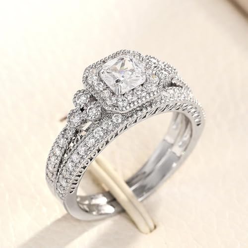 2pcs/set White Gold Plated Cubic Zirconia Inlaid Exquisite Engagement Rings Wedding Bridal Band Promise Rings Evening Parties Anniversary Valentine's Day Gifts Eternity Bands for Women2