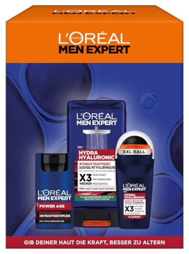LOréal Men Expert Geschenk-Set für Männer mit Anti-Aging Gesichtscreme pflegendem Duschgel und duftendem Deo Geschenke für Herren mit Hyaluronsäure Power Age 1 x 250 ml 1 x 50 ml 1 x 50 ml