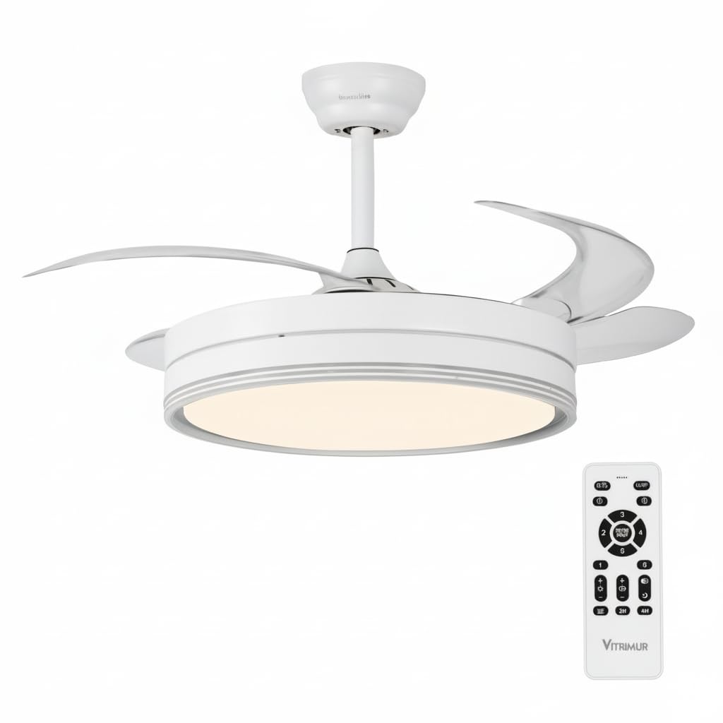 UNIVERSALBLUE VITRIMUR | Ventilador de Techo con Aspas Retráctiles | 6 Velocidades |Luz LED| Motor DC | Silencioso | Modo Invierno | Temporizador | Mando Incluido | Facil De Montar (Blanco)