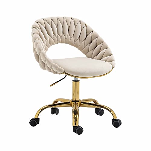 Swivel Office Chair, Velvet Upholstered Desk Chair with 5-Star Metal Base, Modern Accent Computer Chair with Curved Shell Back, Adjustable Height Cute Vanity Chair for Home Office Bedroom, Ivory
