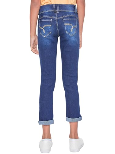YMI Jeans Girls Sustainable WannaBettaFit 2-Button Double Cuffed Skinny Jeans, Midnight Sky Blue Rips, 123