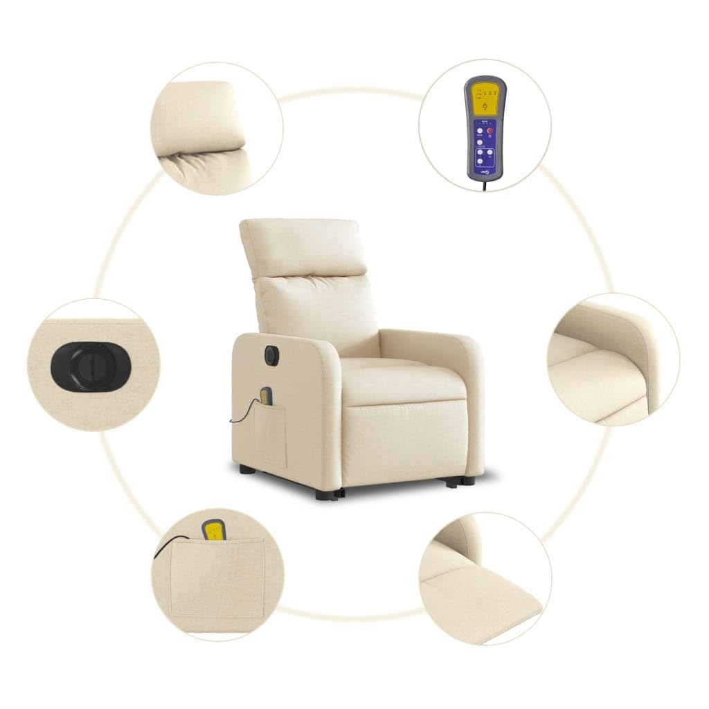 Sillón elevador eléctrico reclinable de tejido crema con 6 puntos de vibración y motor para elevación e inclinación, estructura estable y bolsillo lateral
