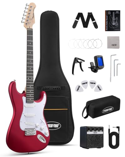 Tostar 39 Full Size Electric Guitar Kit For Beginners and Adults SSS Pickup Guitarra Electrica Set Includes Tremolo Bridge Lightweight Matte Finish Amp Strings Gig Bag Birthday Gifts Red