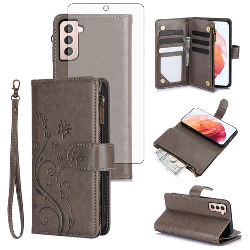 Coque Samsung S21 5G avec fermeture éclair et fente cartes Asuwish gris
