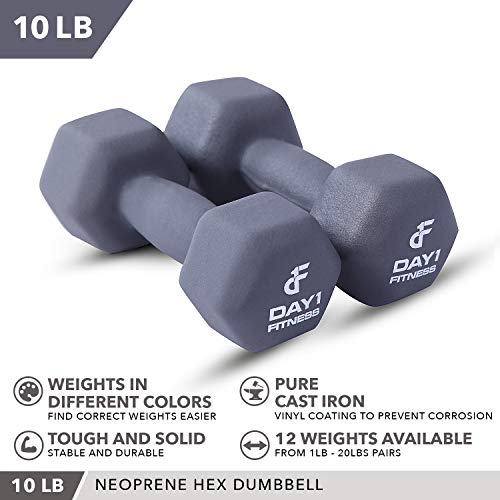 Neoprene Dumbbell Pairs by Day 1 Fitness – 10 Pounds - Non-Slip, Hexagon Shape, Color Coded, Easy To Read Hand Weights for Muscle Toning, Strength Building, Weight Loss