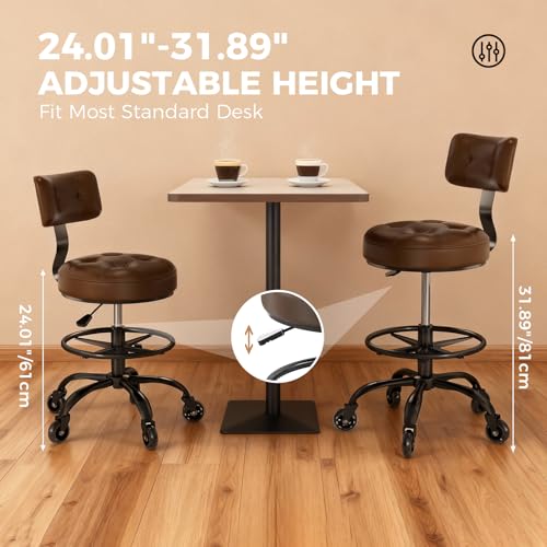 Image of Office Drafting Chair with Footrest, Tall Height Adjustable Stool with Back Support, Heavy Duty Rolling Stool Chair with Wheels for Office Home Kitchen Bar Shop Guitar Studio Vanity, Brown
