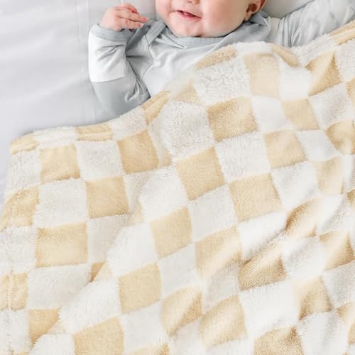 Image of HOMRITAR Beige Checkerboard Baby Blanket for Boys Girls Fluffy Fleece