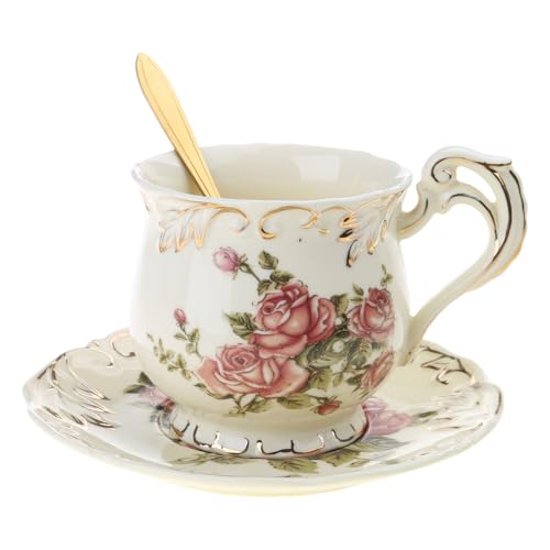 Cemaystic セラミックコーヒーカップソーサーセット 250ml アイボリー ? ローズフラワー柄 耐久性 キッチン ダイニング オフィス対応 (b)