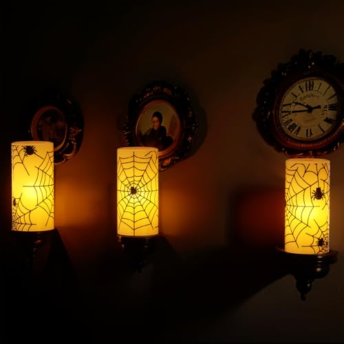 Image of Halloween Flameless Candles with 6H Timer, Real Wax LED Pillar Candles Flickering, Halloween Decor Indoor Cobweb & Spider Candle Set of 3, D3 inchx H6 inch Halloween Lights