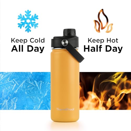 Image of ThermoProof Insulated Water Bottle - Stainless Steel, Wide Mouth, Flip & Spout Lids, Leakproof, Dishwasher Safe, Reusable - Keeps Drinks Hot or Cold - for Adults & Kids - 18oz, Amber