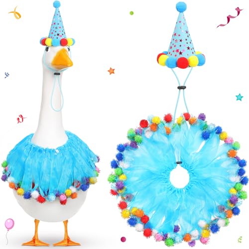 Image of Jeere Birthday Porch Goose Outfit Lawn Clothes Hat and Tutu Collar Plastic Outfits for 23" 17" Cement Goose Outdoor Garden Lawn Art Decor (Blue,Hat)