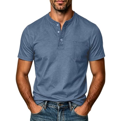 T-shirt vintage homme ajusté à col rond et boutons en coton uni