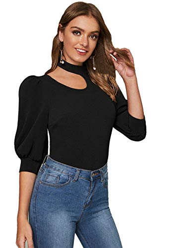 Floerns Women s Puff Sleeve Cut Out Neck Keyhole Shirt Blouse Tops Black M