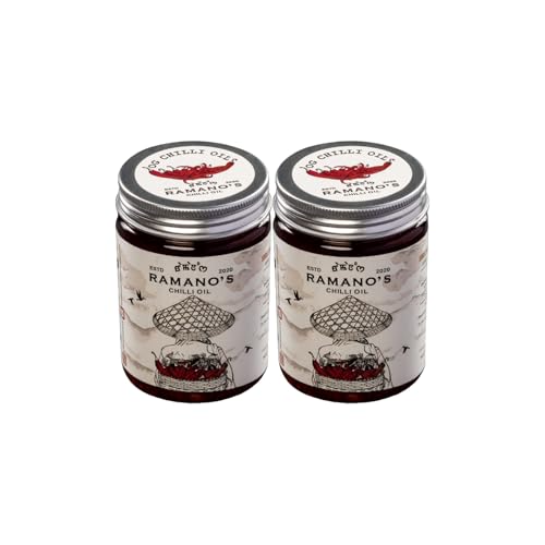 Image of RAMANO'S OG Chilli Oil 240 GM Each with 5 Handpicked Chillies, Garlic & Sichuan Peppercorn, Crispy Spicy Dip for Pizza, Noodles, Drizzling for Ramen & Dumpling, Chilli Food Oil for Cooking (Pack of 2)