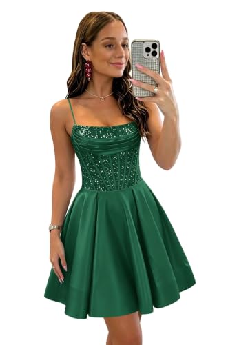 Wchecalino Sparkly Sequin Corset Satin Homecoming Dresses 2026 Spaghetti Straps A Line Emerald Green HOCO Dress Short Cocktail Party Gown 0