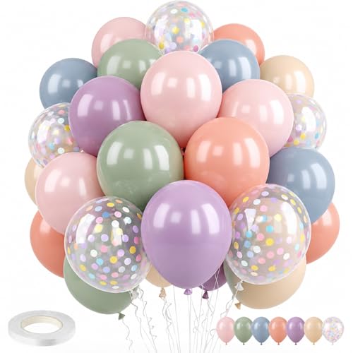 Image of Pastel Balloons,50PCS 12 Inch Retro 6 Color Blue Purple Green Pink Orange Beige Boho Latex Party Balloon for Colorful Ballon Birthday Graduation Anniversary Shower Easter Wedding Decorations