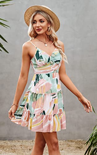 Image of ECOWISH Summer Dresses for Women 2026 V-Neck Spaghetti Strap Bowknot Backless Sleeveless Lace Mini Swing Skater Dress