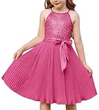 Girls Sequin Dress Hot Pink Halter Chiffon Flowey Party Formal Party Kids Dance Outfit Size 5-6