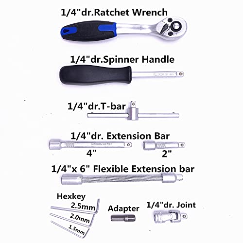 Srunv Socket Wrench Set Metric And Standard 1/4-Inch Drive,4-14Mm,Cr-V Sockets, S2 Bit Sockets And Extension Bar, With 72-Teeth Quick-Release Ratchet Wrench, For Auto Repair & House Hold, 46-Pieces #TOP3