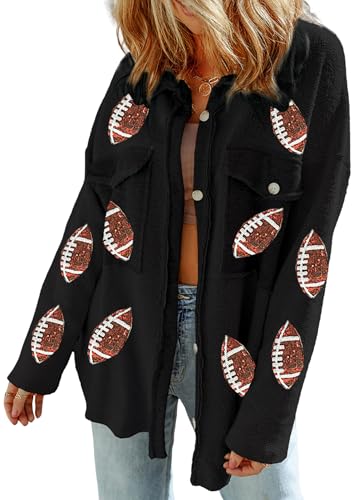 Womens Shacket with Pockets Rugby Flap Sequin Jacket Fall 2025 Football Game Day Outfits Button Down Loose Fit Coat
