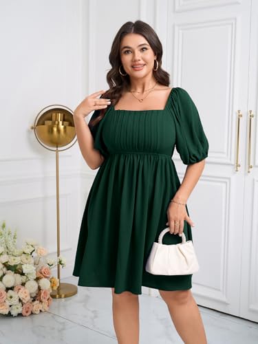 Image of SCOMCHIC Women's Plus Size Dresses Puff Short Sleeve Square Neck Smocked Pleated Casual Summer Mini Babydoll Dress