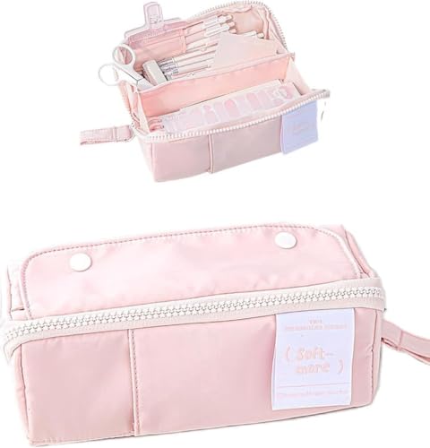 Image of Alokik Multi-Functional Soft Pencil Case for Girls - Large Capacity Zipper Pouch with Multiple Compartments - Aesthetic Stationery Organizer for School, College & Office (Pink Soft More Pouch)