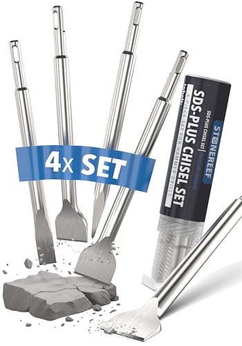 4 Piece SDS Plus Chisel Bit Set Chrome Vanadium Steel Pointed Flat Wide & Tile Chisel for Concrete Masonry Brickwork