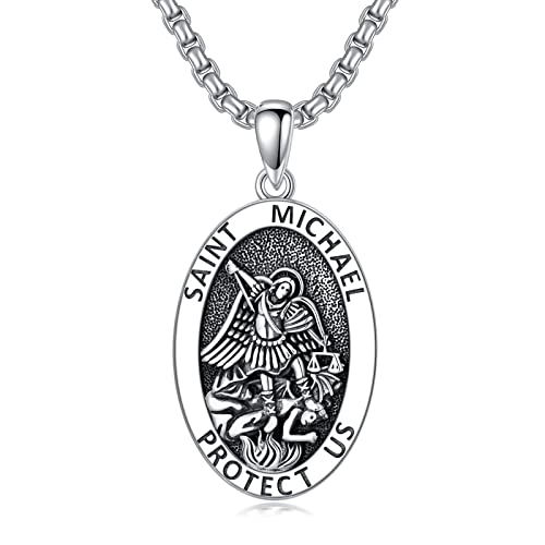 St Michael Necklace for Men Sterling Silver Oval Saint Michael Archangel Necklace with 22”+2” Stainless Steel Chain
