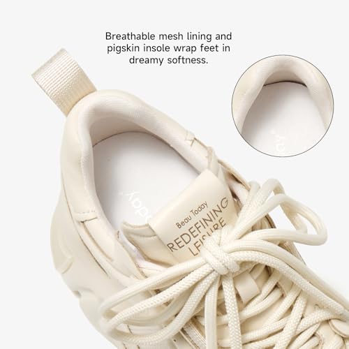 BEAU TODAY Chunky Sneakers for Women, Womens Fashion Sneakers, Leather Sneakers Women Comfortable Casual Lace-Up Chunky Platform Dad Shoes3