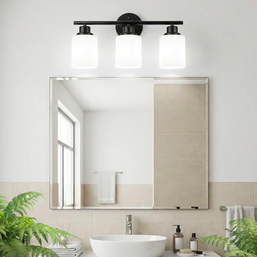 Image of Unicozin 3 Light Bathroom Light Fixtures, Modern Vanity Lights with Milky Glass Shade, Black Wall Lamp Over Mirror for Bathroom, Living Room, Cabinet, Bedroom, E26 Base
