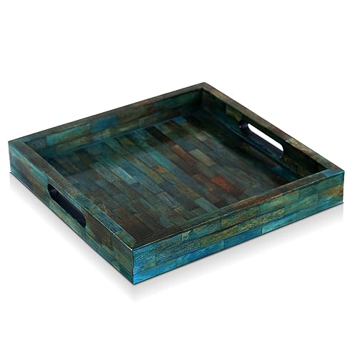 Handicrafts Home Handmade Verdigris Covered Inspired Decorative Tray - 12x12 Ottoman Tray, Multipurpose Bone Inlay Serving Tray for Living Room Dining Entertaining and Display