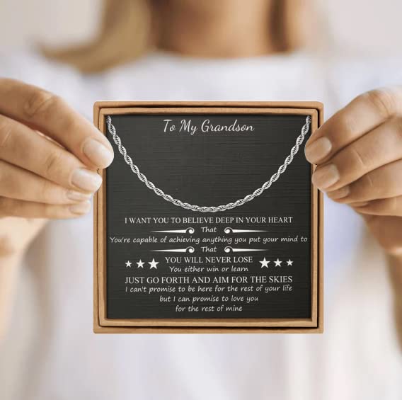 Image of JoycuFF Gifts for Grandson Unique Birthday Rope Chain Necklace form Grandma Grandpa Stainless Steel 3MM 22 Inches Hip Pop Jewelry for Men