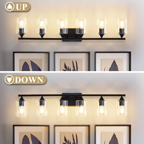 Image of 6-Light Matte Black Bathroom Light Fixtures, Over Mirror with Clear Glass Shade, Wall Light Sconce for Vanity Table, Hallway