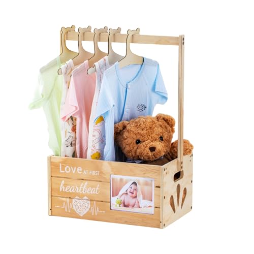 LLMQ Baby Gift Basket with Adjustable Handle, Thickened Wooden Baby Shower Crate Closet, Baby Shower Clothes Rack Storage Box, Larger Capacity Diaper Caddy Organizer (No Wreath)