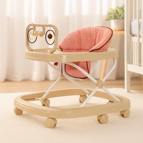 Image of Blushbaby 360 Baby Walker for 6-18 Months | 5-Height Adjustable Activity Walker with Cushioned Seat, Meal Tray & Toy Bar | Foldable & Lightweight Walker for Boys & Girls (Beige)