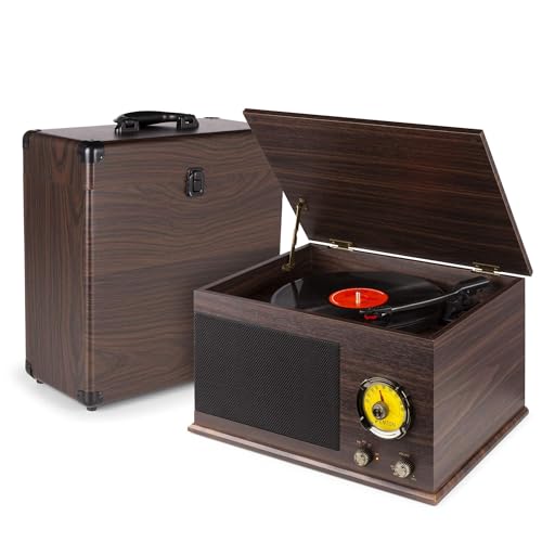 Fenton RP173 Bluetooth Plattenspieler mit Lautsprecher & Radio – Retro Schallplattenspieler inkl. Plattenkoffer – Vinyl Record Player Holz Dunkelbraun – Turntable mit Vorverstärker & Auto-Stop