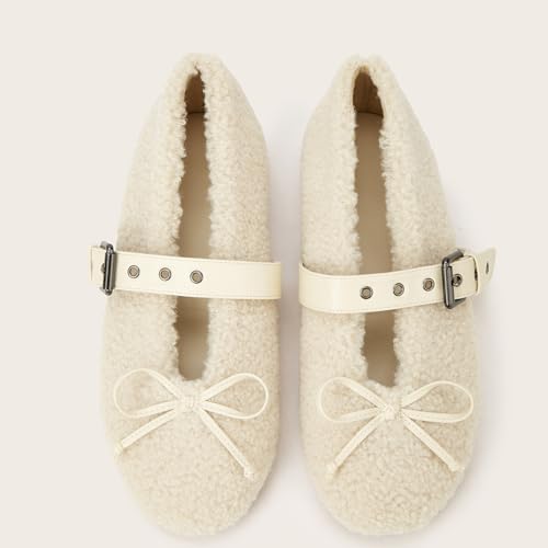 Fur Ballet Flats for Women Comfy Faux Shearling Mary Jane Flats4
