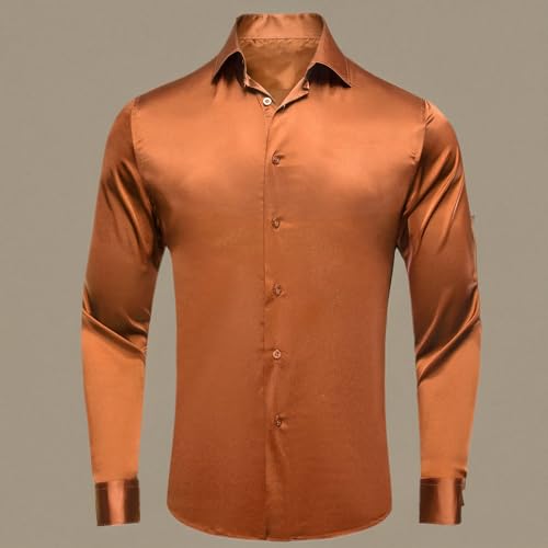 Image of Hi-Tie Men's Silk Satin Dress Shirts Long Sleeve Shiny Casual Button Up Shirts Luxury Party Disco Prom Wedding Shirt