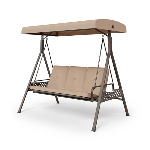 Sophia & William Outdoor Porch Swing with Adjustable Canopy,3-Seat Patio Swing Chair with Weather Resistant Steel Frame for Backyard Front Porch Lawn, Removable Cushions and Iron Tea Tray,Beige