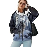 Frymappies Wolf Moon Y2K Full Zip Up Hoodie Women Oversized Sweatshirt Black Jacket Hooded Cardigan Sweater Shirt Long Sleeve Fall Outfits with Pockets Sportswear L