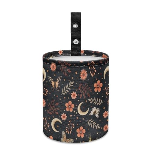 Image of Renewold Floral Butterflies Moon Car Trash Organizer Hanging Garbage Bag with Adjustable Button Straps Trash Bin for Car Automotive Interior Accessories Outdoor Indoor Multipurpose Storage Bag