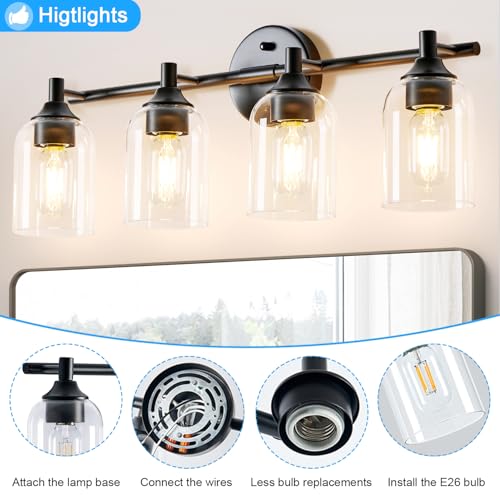 Image of Modern Black 4-Light Bathroom Vanity Light Fixtures with Clear Glass Shade - Wall Lamp for Mirror, Kitchen, Living Room, Hallway, Cabinet, Porch (E26 Base)