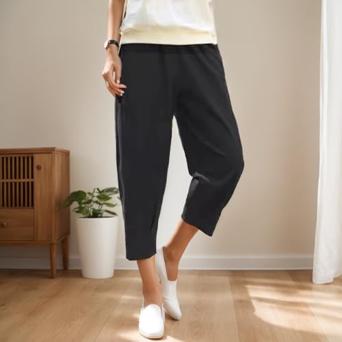 Women Cotton Linen Pants High Waist Harem Pants Casual Loose Solid Color Plus Size Wide Leg Capri with Pockets2